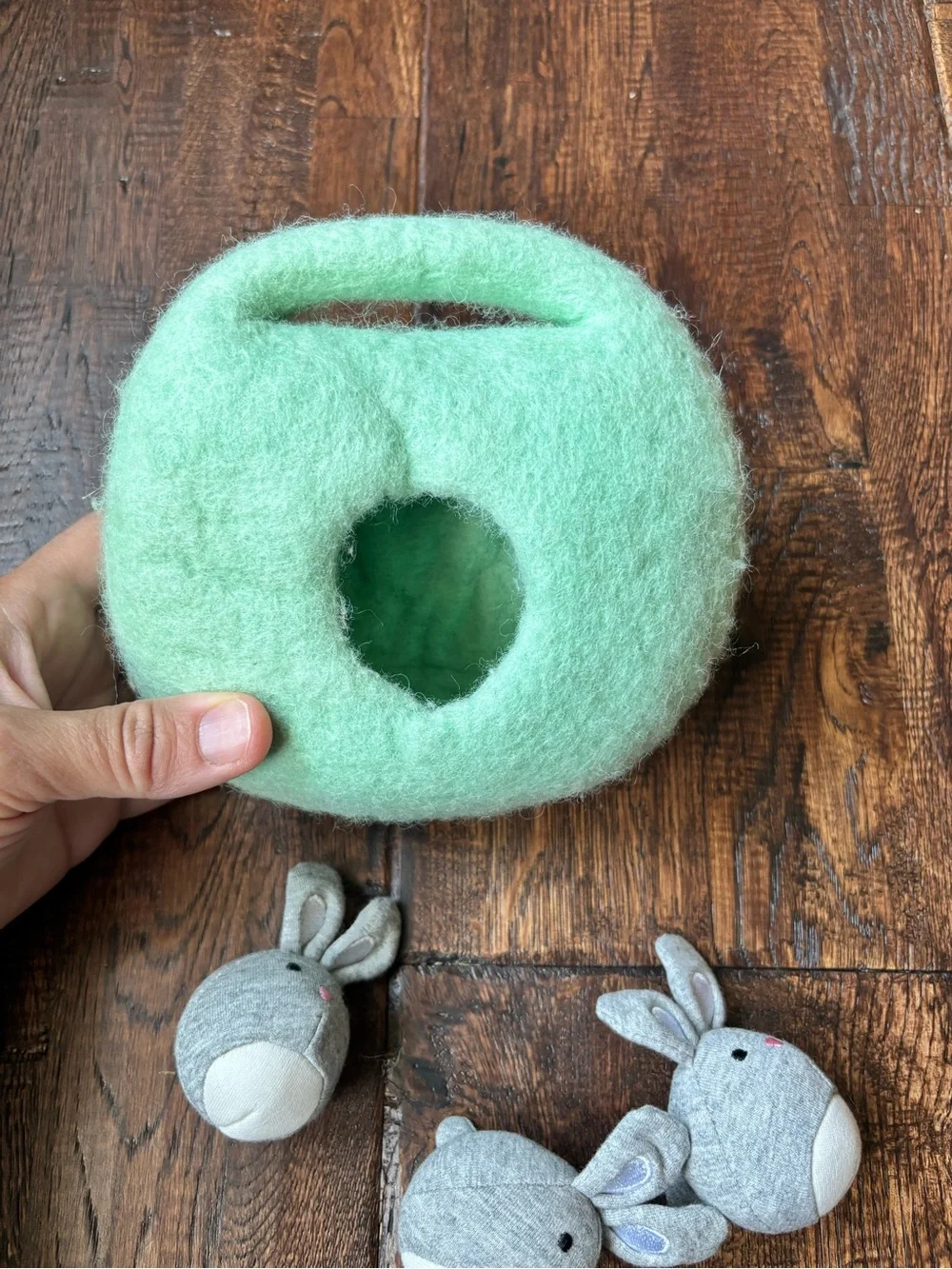 Lovevery bunnies in a felt burrow babbler play kit